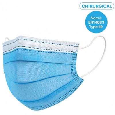 Masque chirurgical Type IIR usage unique bleu boite 50 - Hemera Distribution