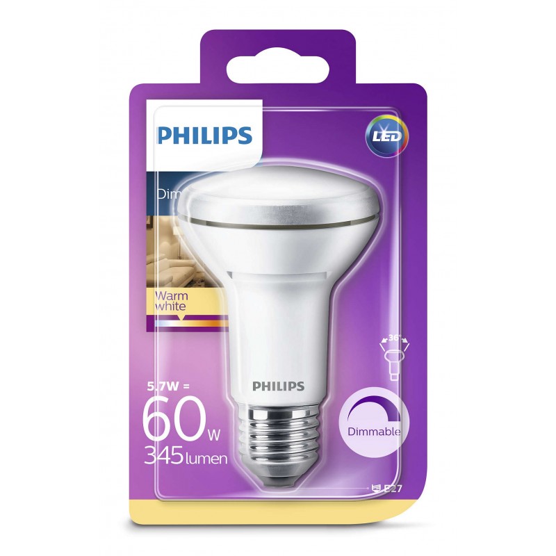 LED R63 Philips E27 36 degres blanc chaud 60W equivalent