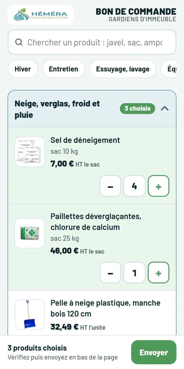 Écran du bon : choix des produits avec les boutons plus et moins