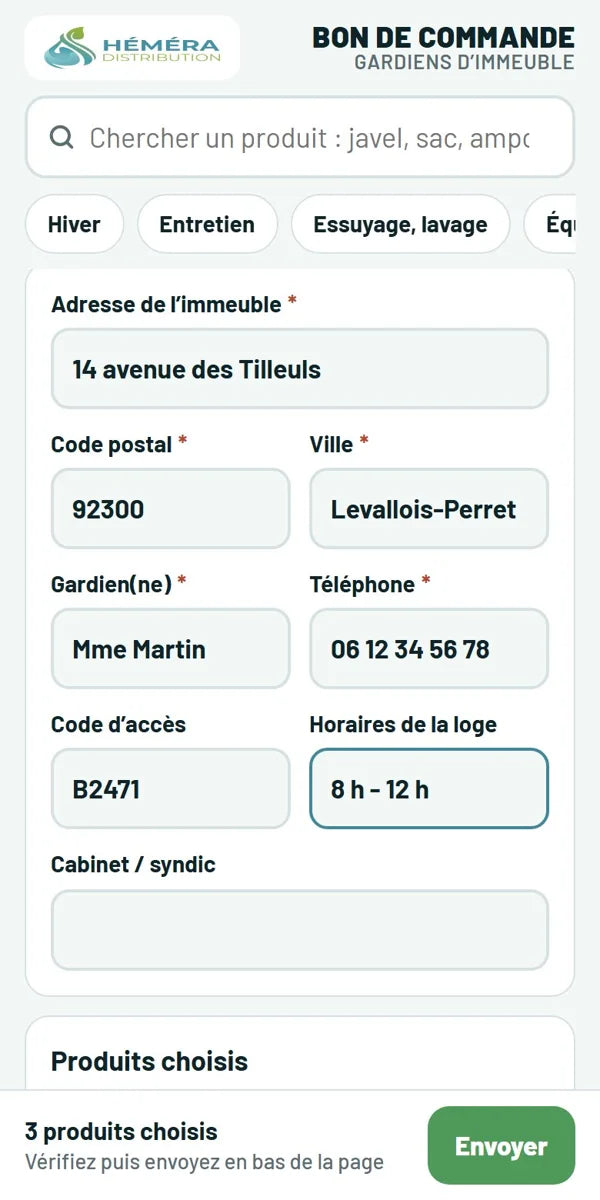 Écran du bon : adresse de l’immeuble, code d’accès et horaires de la loge