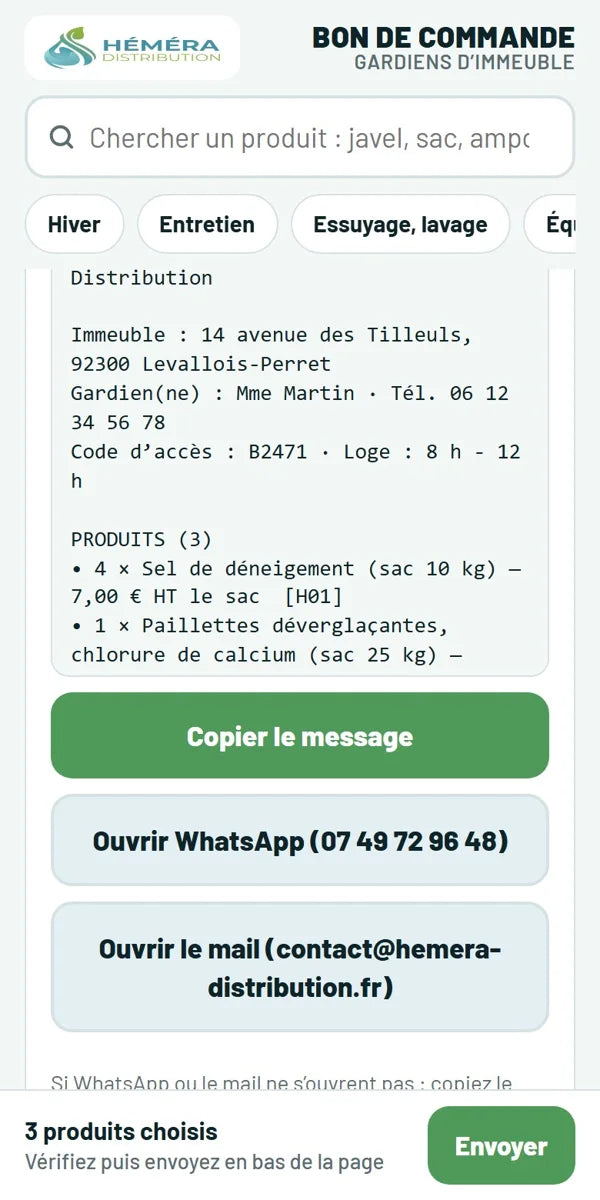 Écran du bon : message de commande prêt, envoi par WhatsApp ou par e-mail