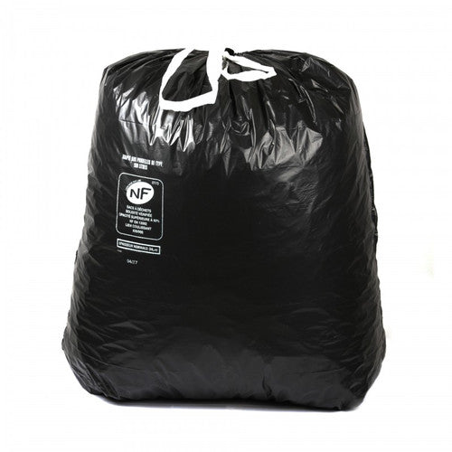 Sac poubelle 100L noir BD NF liens coulissants 34mu Hemera